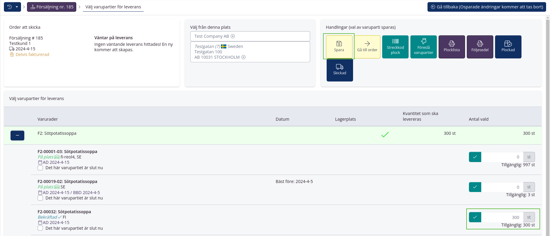 Välj varupartier till ordern