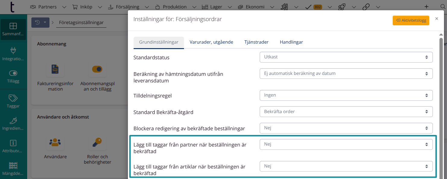 Överföring av partnertaggar till ordrar och artiklar