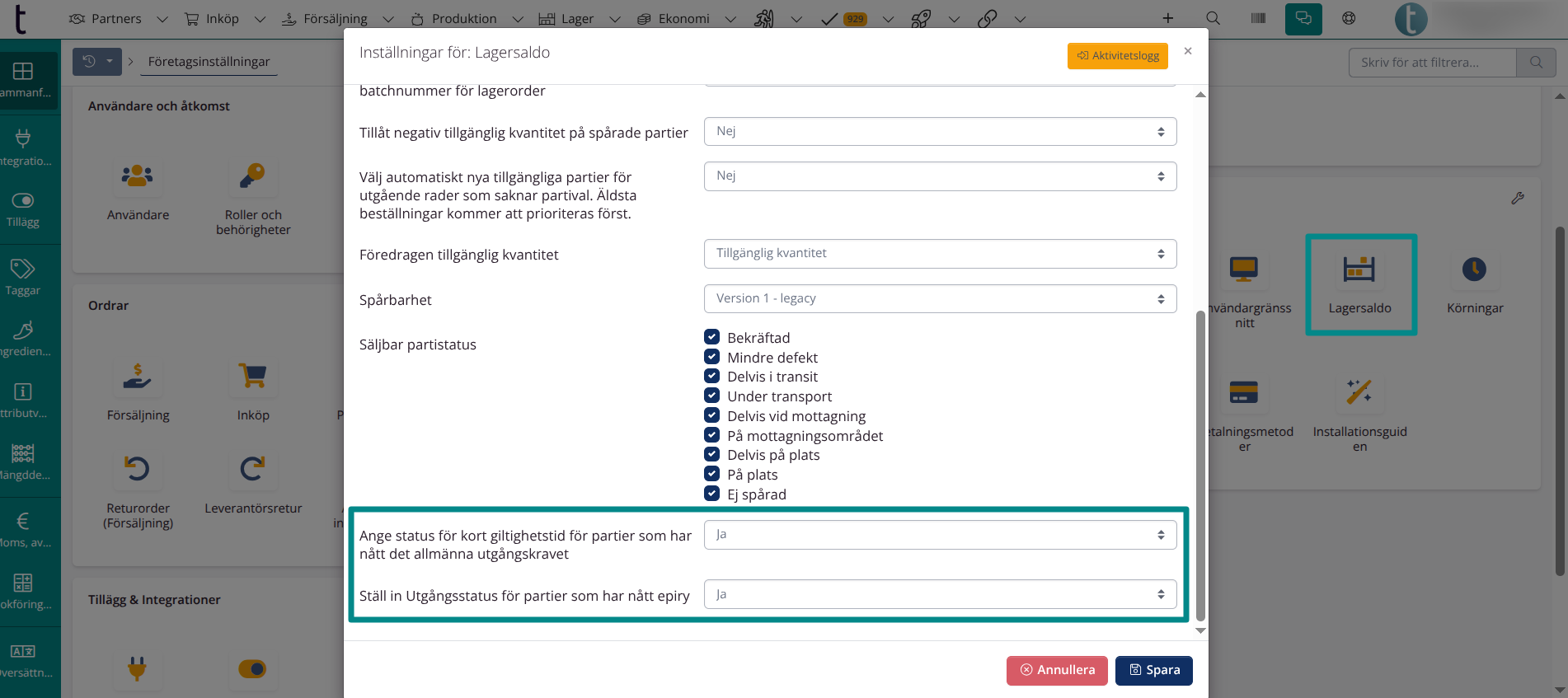 Företgasinställningar > Kort datum och status som utgått