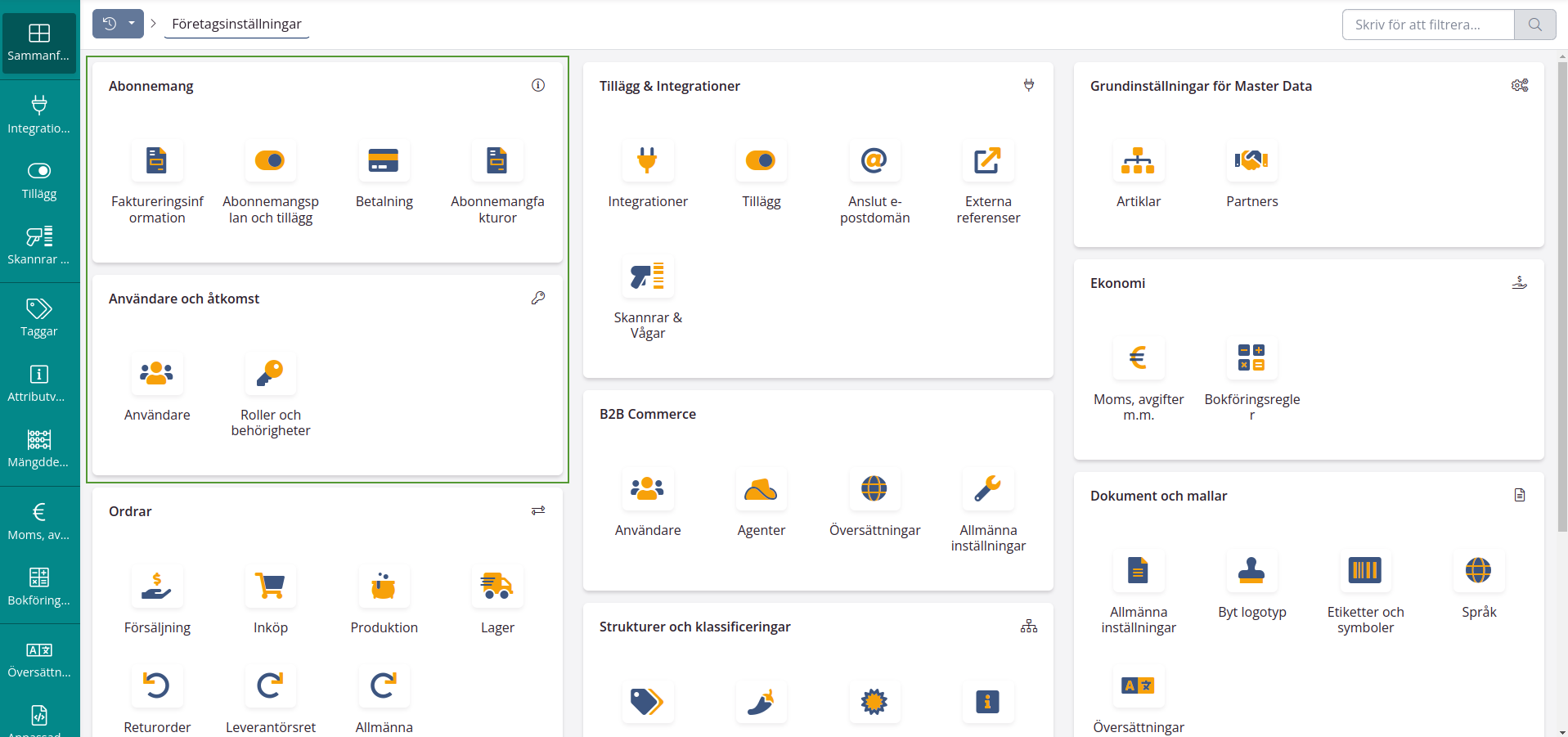 Företagsinställningar > Abonnemang & Användare och åtkomst