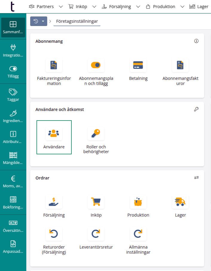 Företagsinställningar > Användare och åtkomst