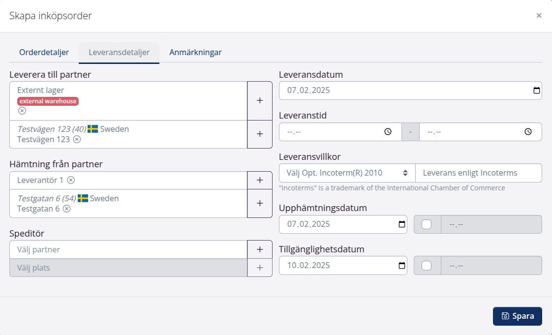 Exempel på ordredetaljer på produktionsorder 2