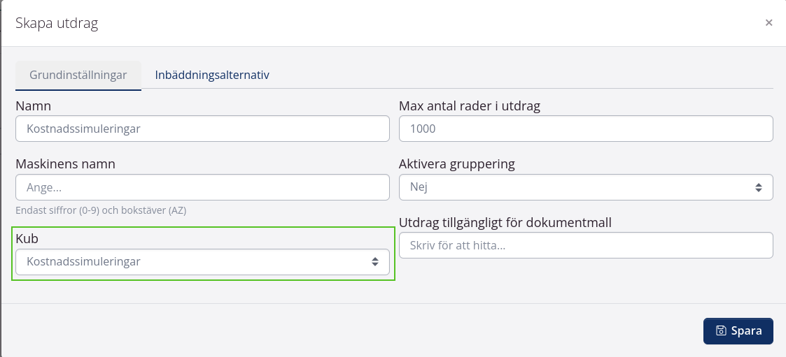 Skapa datautdrag baserat på data från kostnadssimuleringar