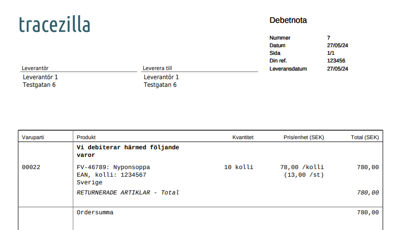 Exempel debetnota