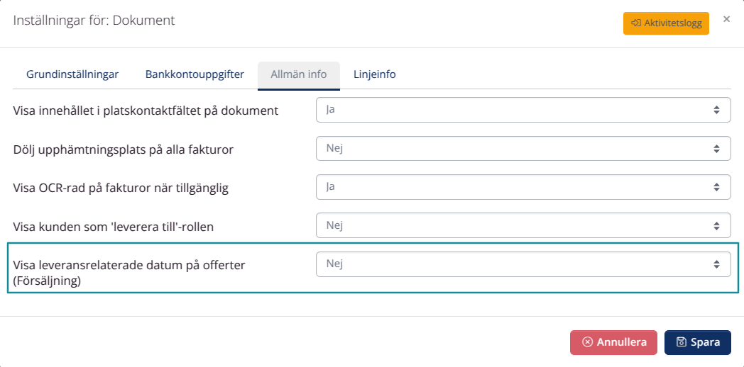 Dölj leveransrelaterade datum på offerter