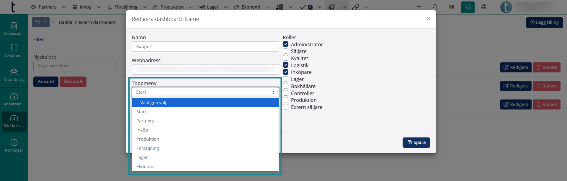 Bädda in dashboards under menypunkter