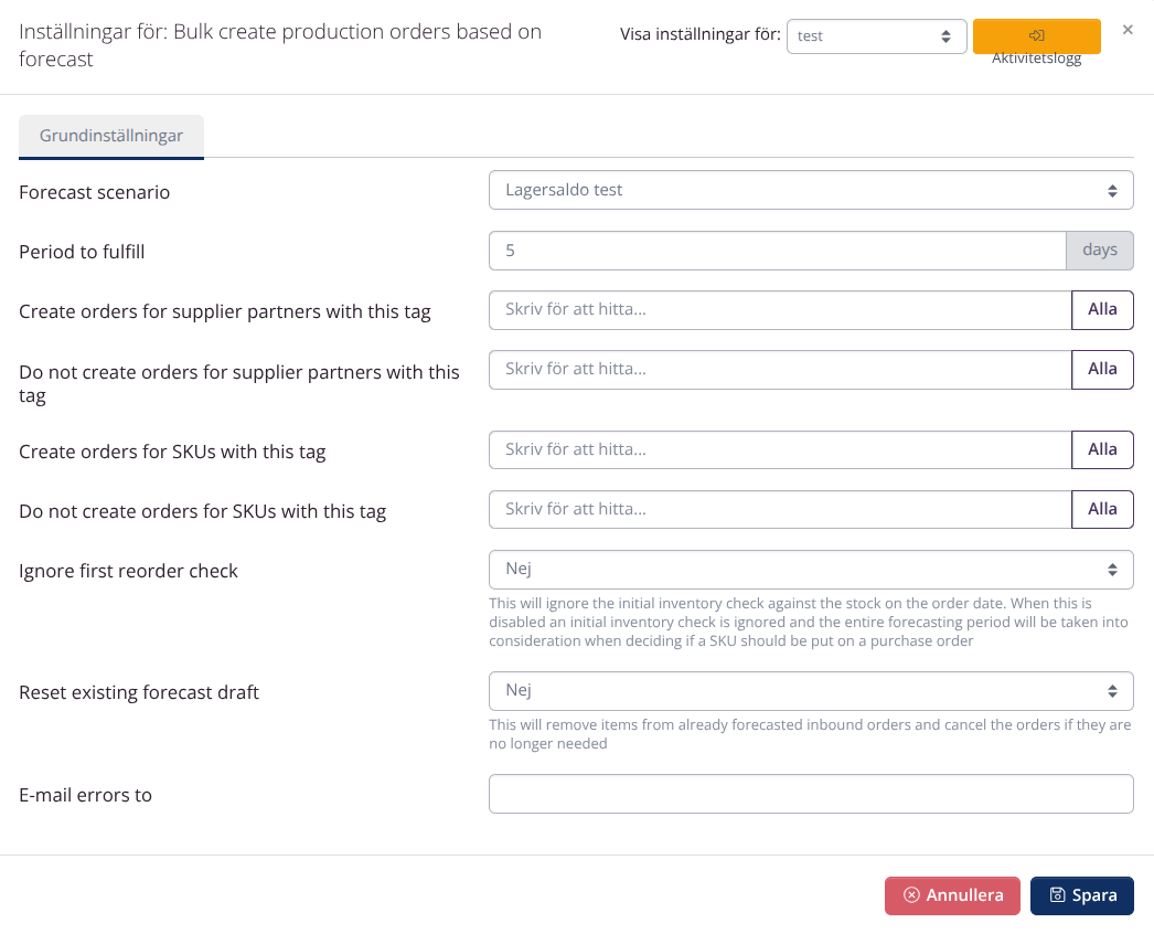 Bulk create production or purchase orders: Inställningar
