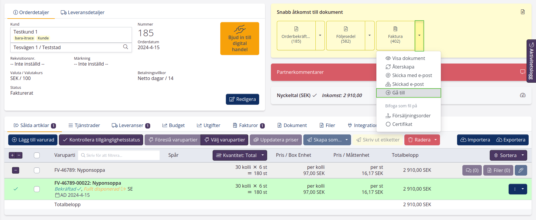 Gå till fakturasidan för att skapa kreditnota