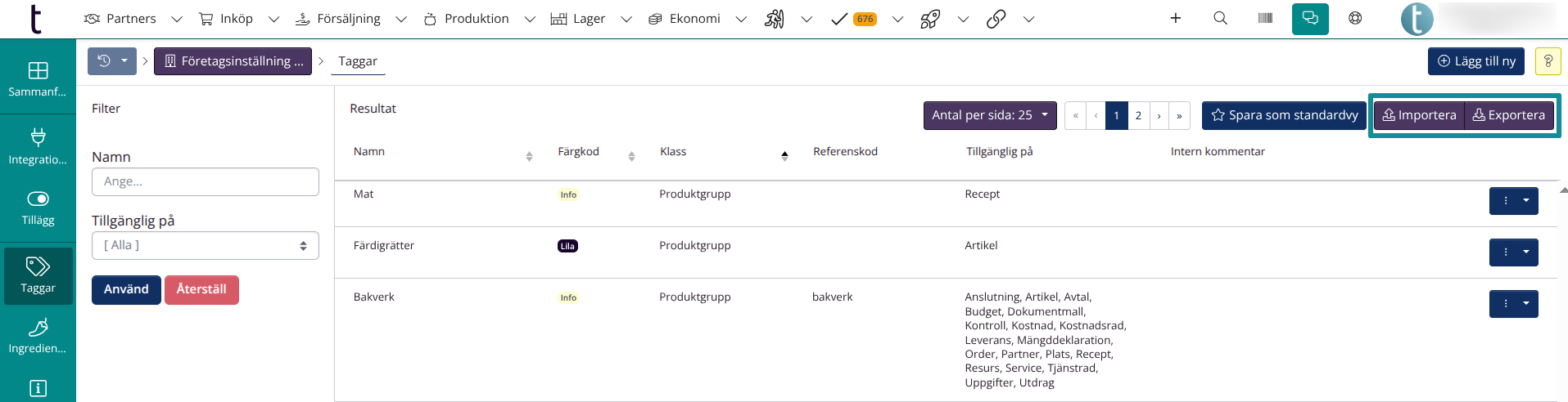 Exportering av taggar