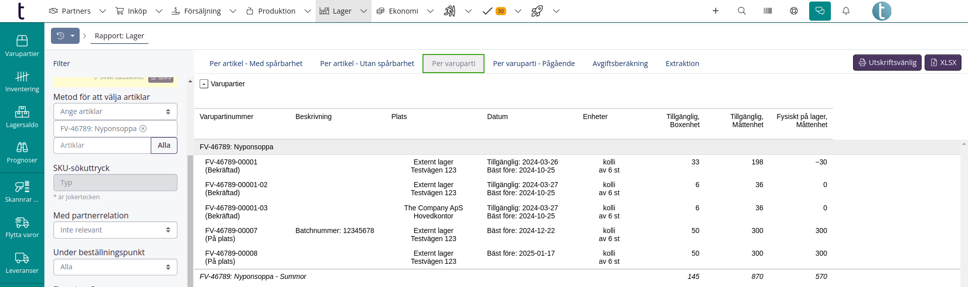 Se lagersaldorapporten i tracezilla: Per varuparti