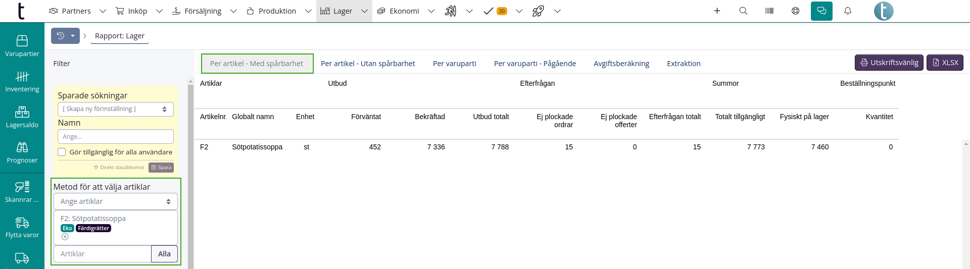 Se lagersaldorapporten i tracezilla: Varor med spårbarhet