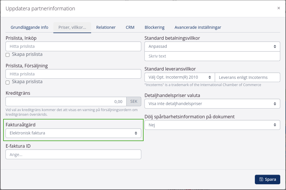 Sätt Elektronisk faktura som fakturaåtgärd på partners