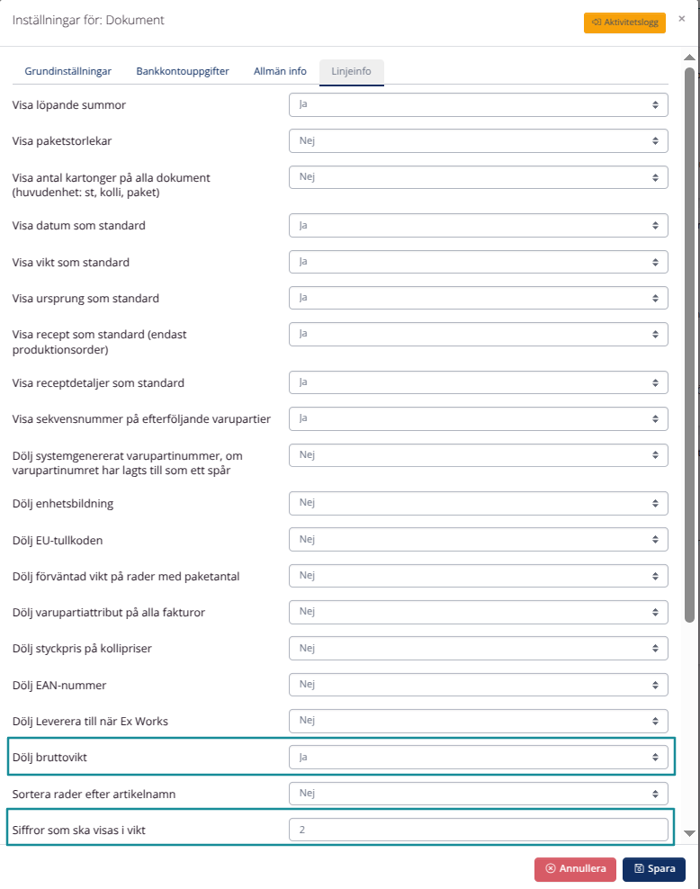 Nya dokumentinställningar