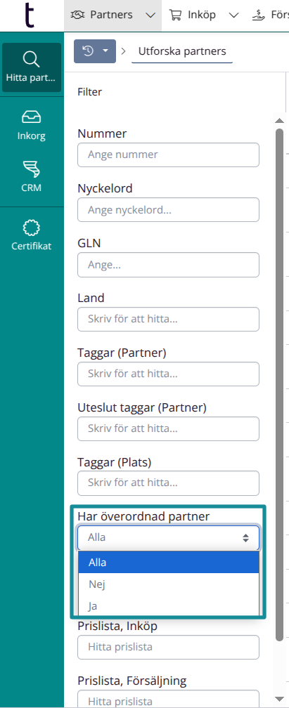 Filter för överordnade partners
