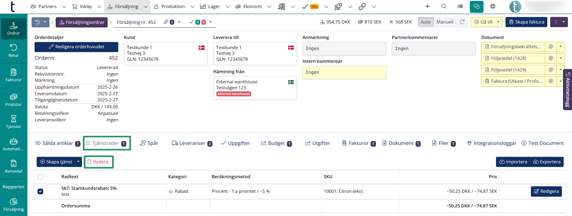 Nytt utseende för ordrar: Radera tjänster