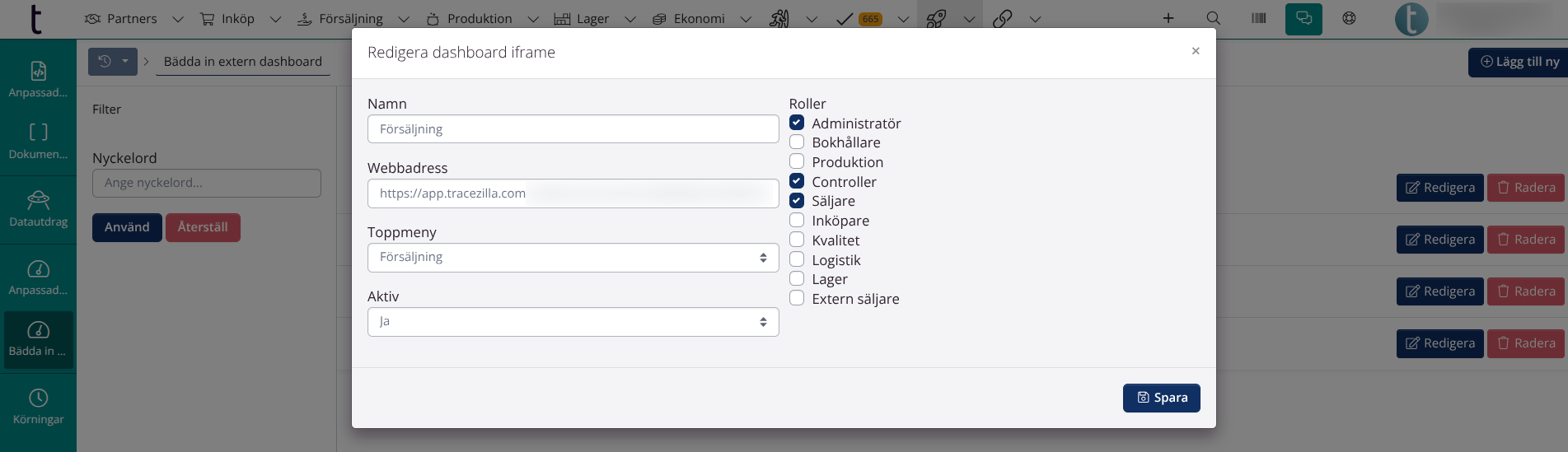 Bädda in ditt dashboard på startsidan 