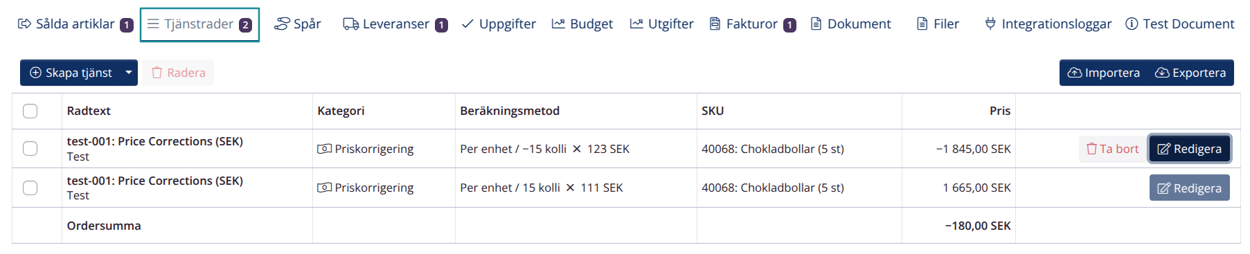 Skapa priskorrigering: Rader