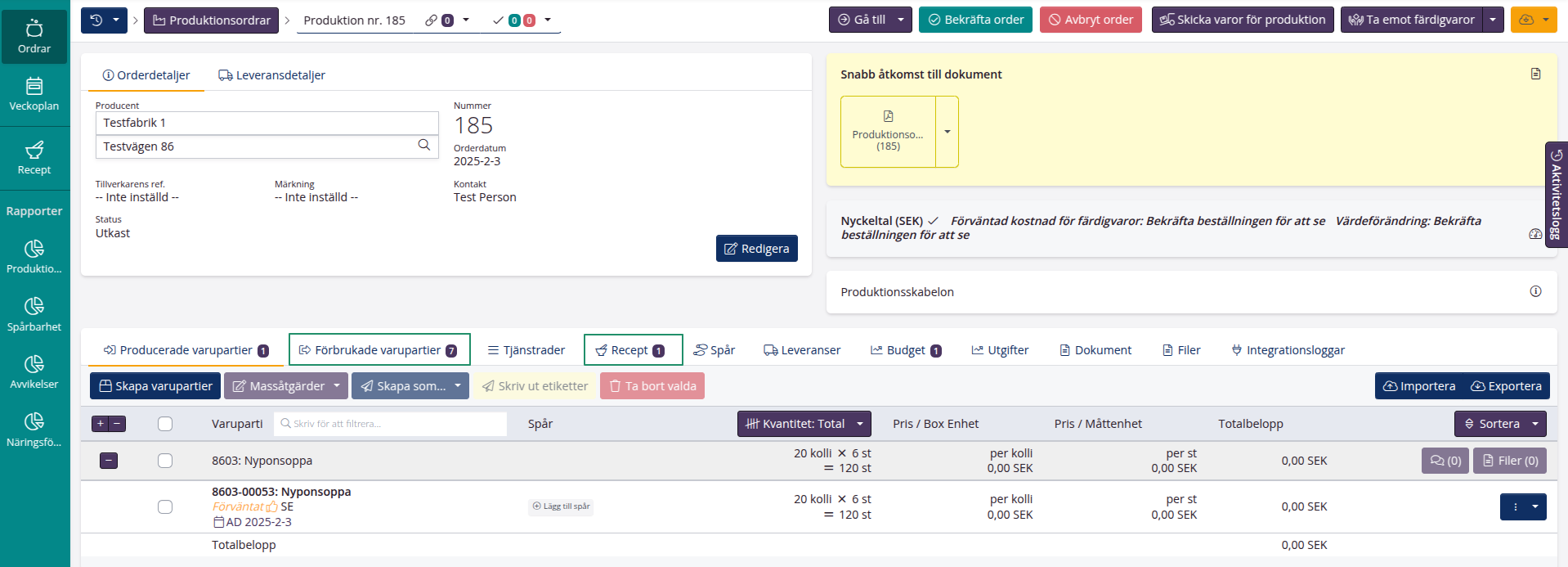 Produktionsorder - Exempel