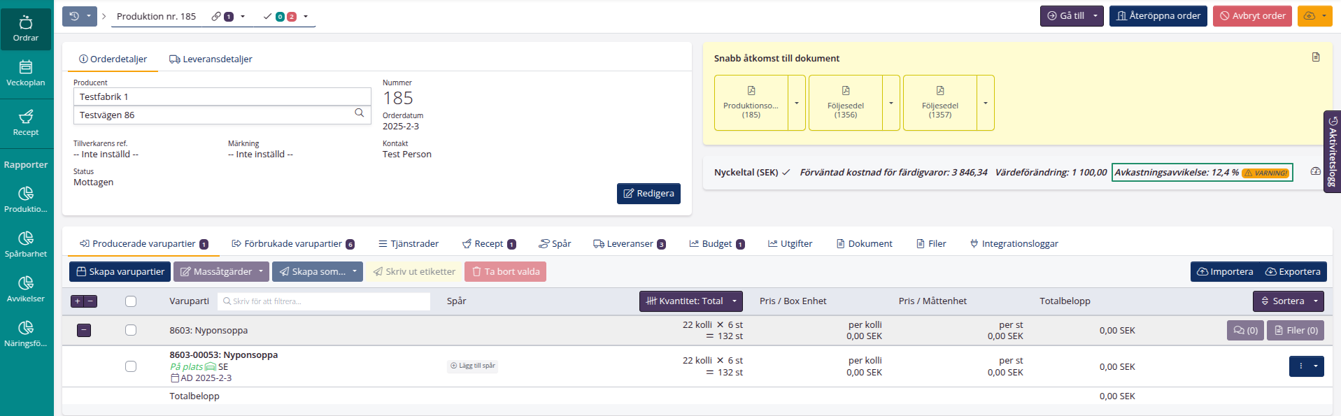 Gränsvärde för avkastningsavvikelse: Exempel på order