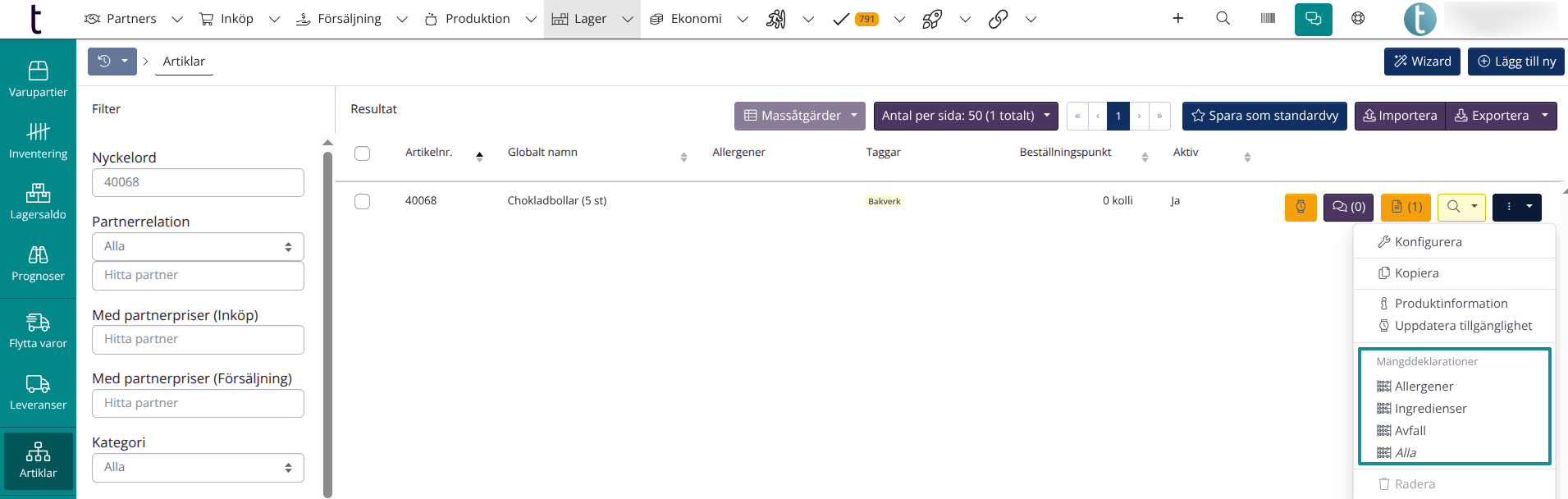 Menypunkter under Mängddeklarationer
