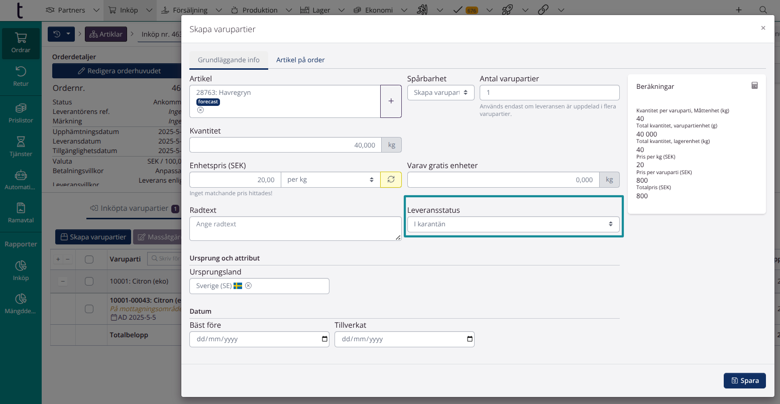Karantänstatus på inkommande varupartirader