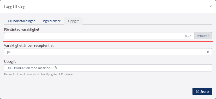 Ställ ner varaktigheten till sekunder på recept