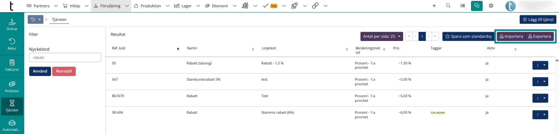 Exportera och importera tjänster