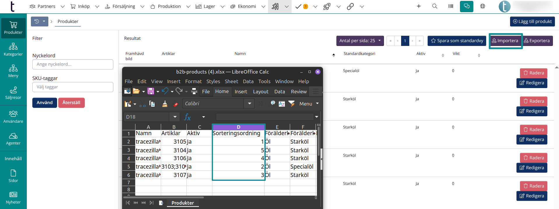 Sorteringsvikt i importfilen