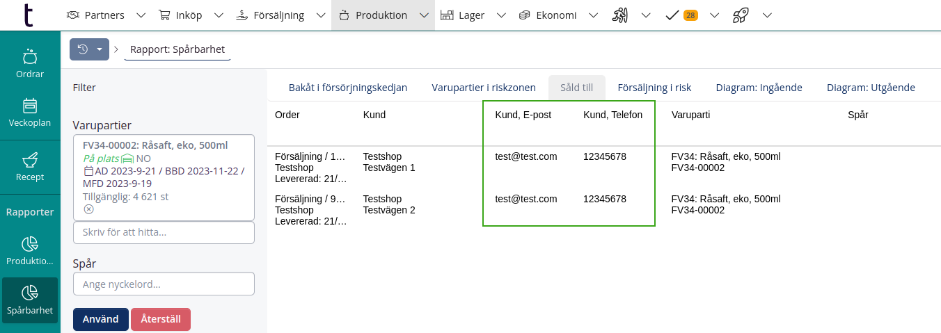 Två nya kolumner i spårbarhetsrapporten